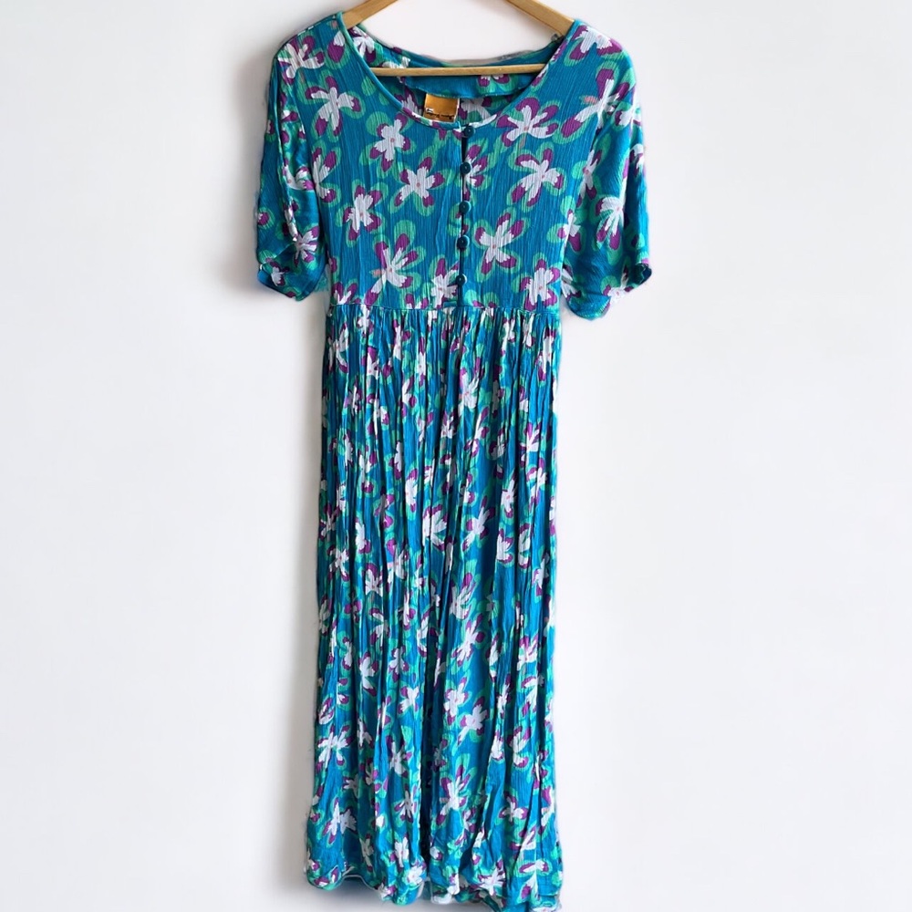 Down Done Under 90's Blue Tie Waist Floral Dress Women’s Large